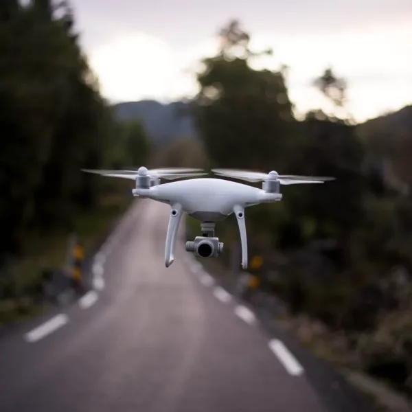 Drone flying over road