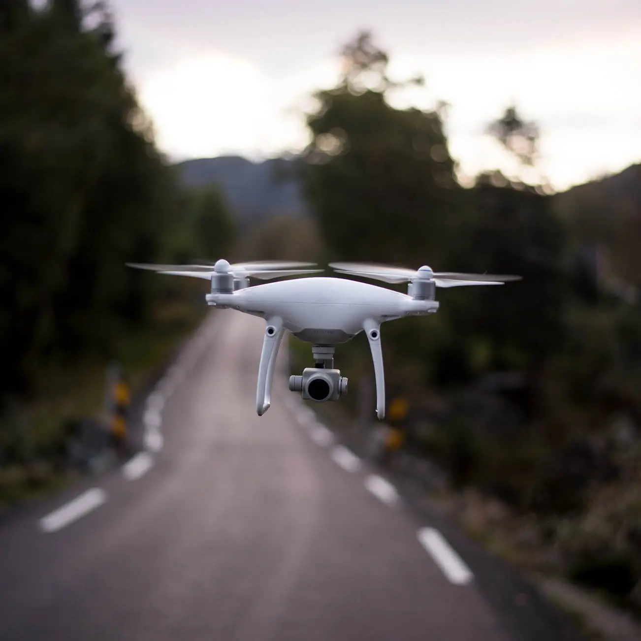 Drone flying over road