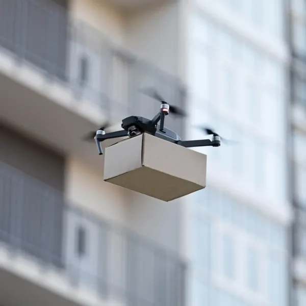 drone flying near apartment buildings delivering package