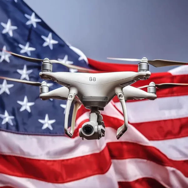 drone flying in front of US flag