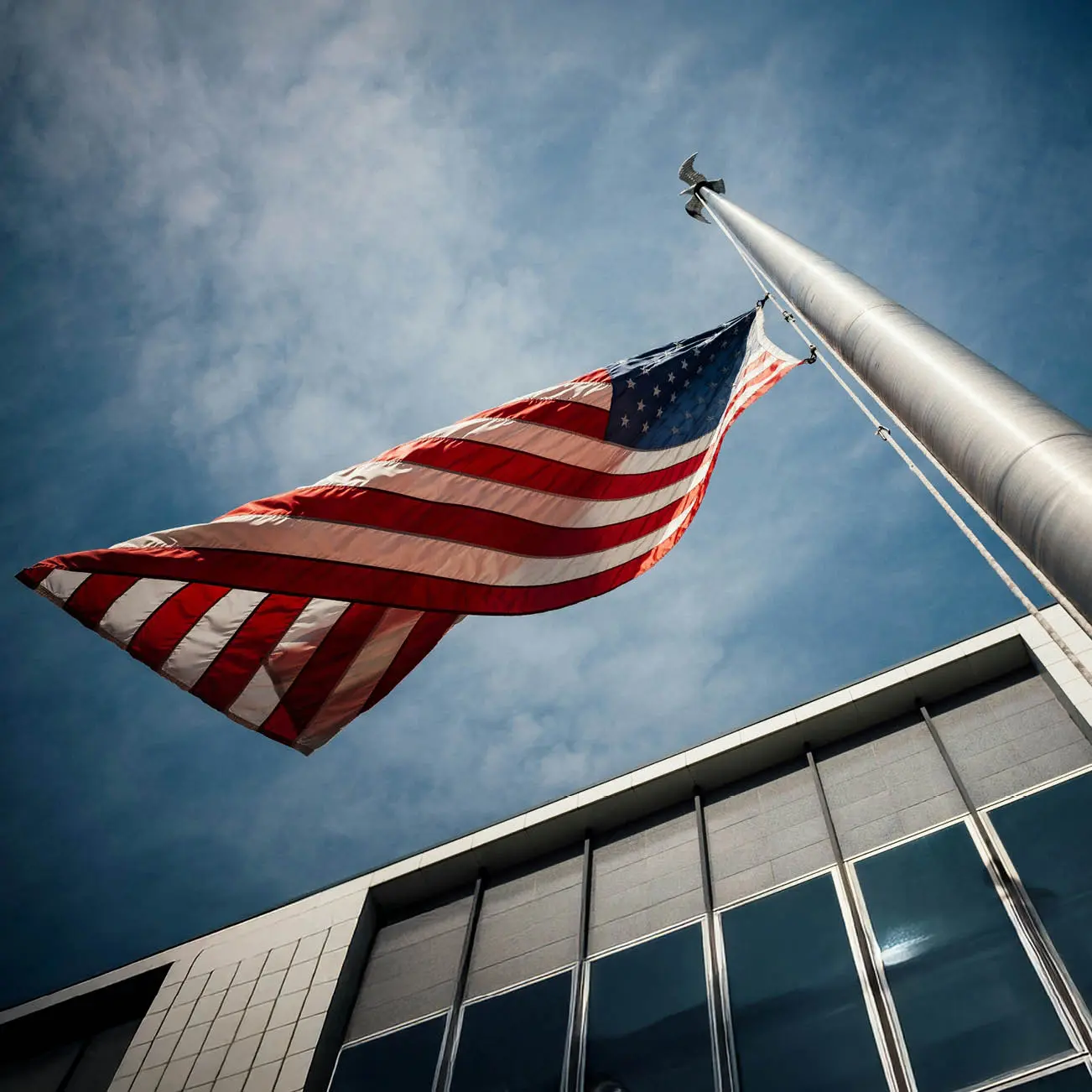 state of Ohio flag waving in the sky outside public building