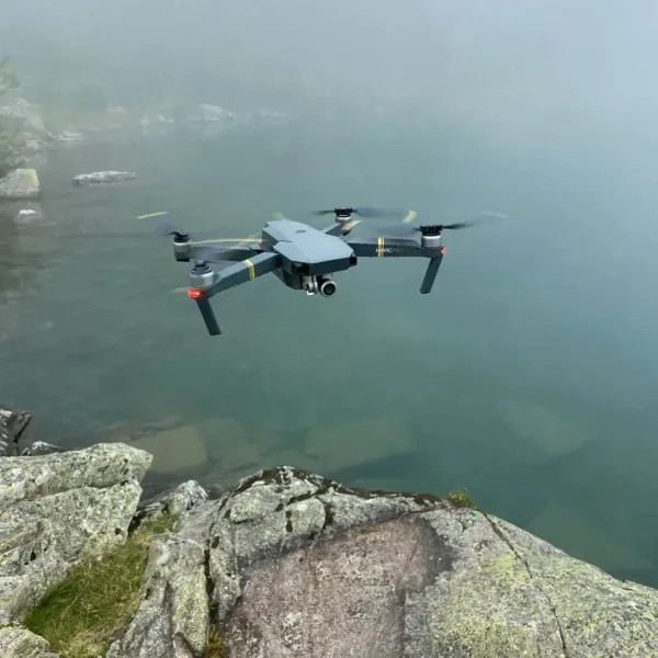 drone-rescue drone performing search and rescue mission above rocky bluffs of Lake Erie