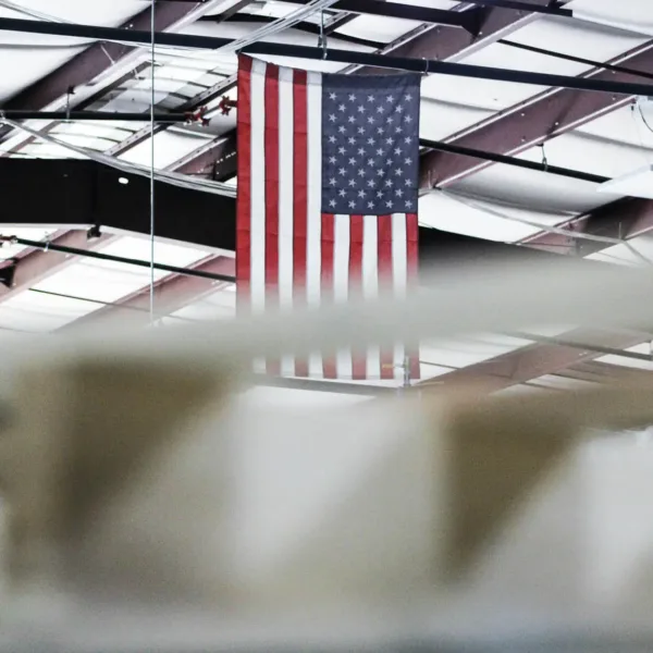 American flag hanging in a manufacturing plant